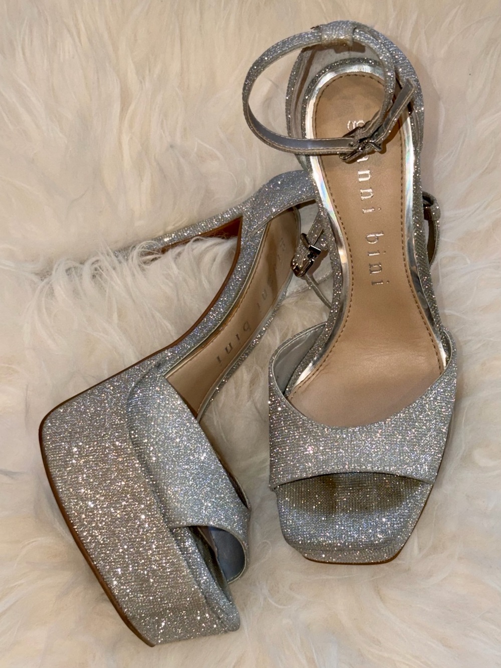 Gianni Bini Silver Glitter Platform Ankle-Strap Sandals